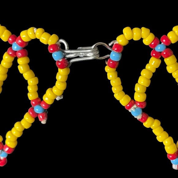 Vintage Yellow Blue Red Handmade Seed Bead Tribal Bib Collar Choker Necklace - Picture 6 of 6
